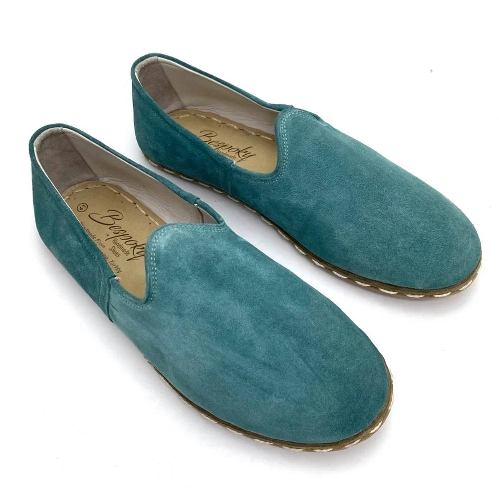 THE Bespoky Suede Handmade Flat Slip On Loafer In Aqua green Size 41